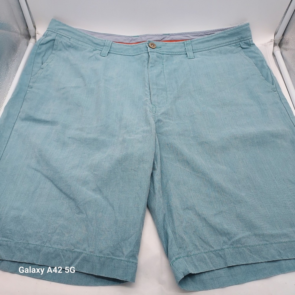Tommy Bahama‎ Mens 38 Silk Cotton Herringbone Shorts Blue Teal Marlin Flat Front